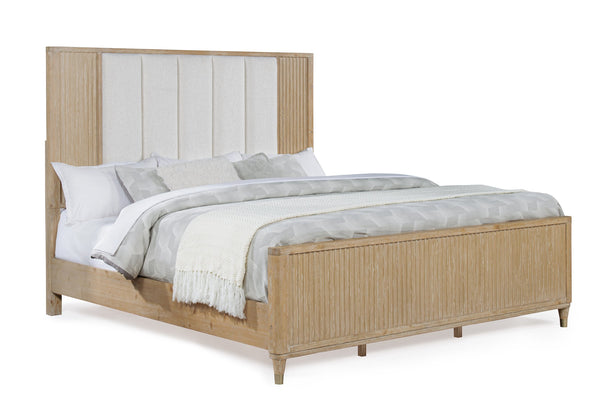 English Elm Stylish Paneled High Headboard Queen Bed with Textured Accents and Clean Lines for Modern Retreat Brown,Natural Wood,White 87.25 L x 10.25 W x 4.38 H B2741S00454