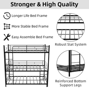 English Elm Heavy-duty triple bunk bed frame with built-in ladder, full guardrails, metal slats, space-saving design Black W1935P330699