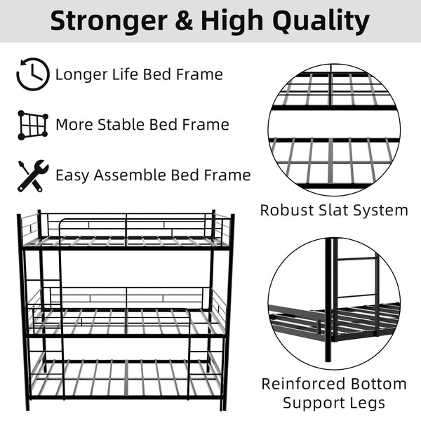 English Elm Heavy-duty triple bunk bed frame with built-in ladder, full guardrails, metal slats, space-saving design Black W1935P330699