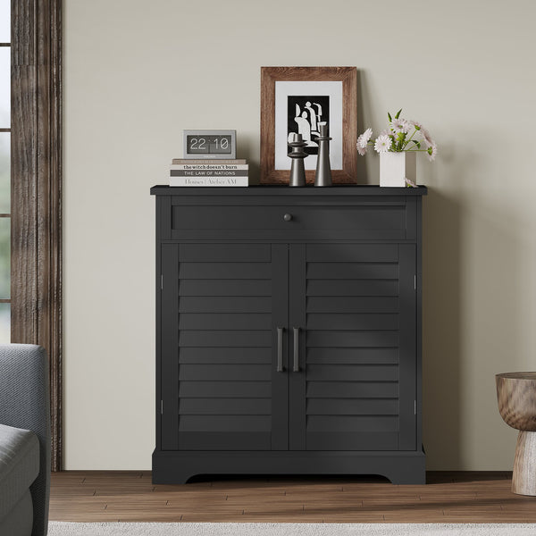 English Elm 16 Pair Shoe Cabinet Tall Freestanding Entryway Organizer with Drawer, Louvered Doors, Durable MDF Storage Black T3771P373139