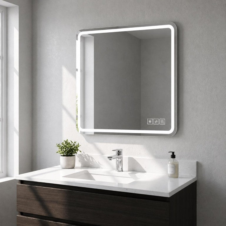HomeRoots Square Led Illuminated Frameless Bathroom Mirror with Anti Fog and Smart Touch Control 720586