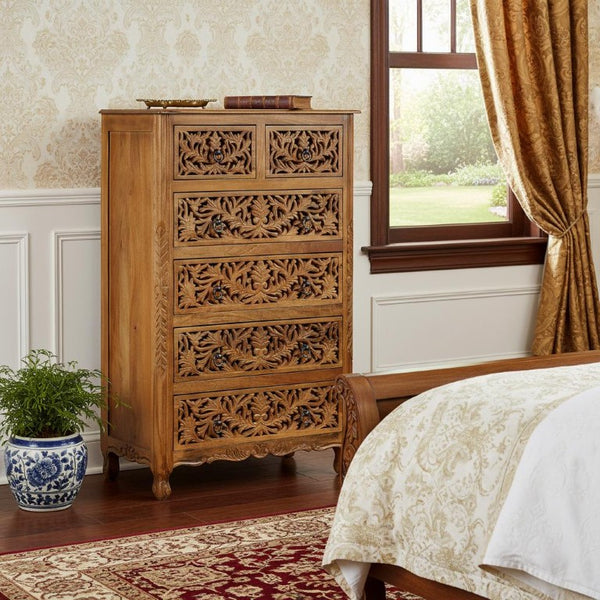 35 Inch Solid Wood Six Drawer Dresser with Carved Floral Detail for Bedroom Storage