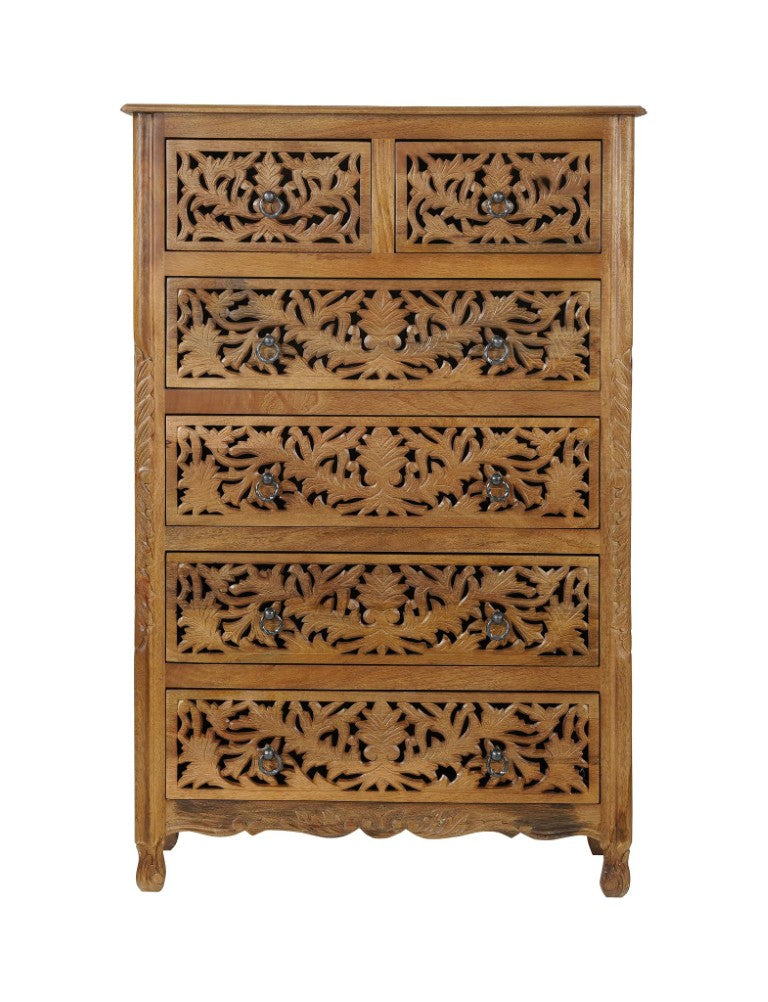 HomeRoots 35 Inch Solid Wood Six Drawer Dresser with Carved Floral Detail for Bedroom Storage 720638