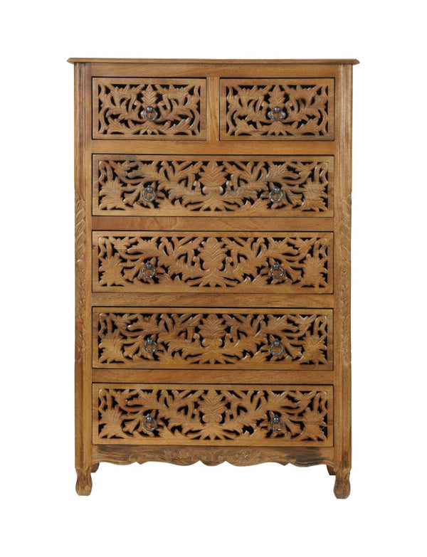 HomeRoots 35 Inch Solid Wood Six Drawer Dresser with Carved Floral Detail for Bedroom Storage 720638