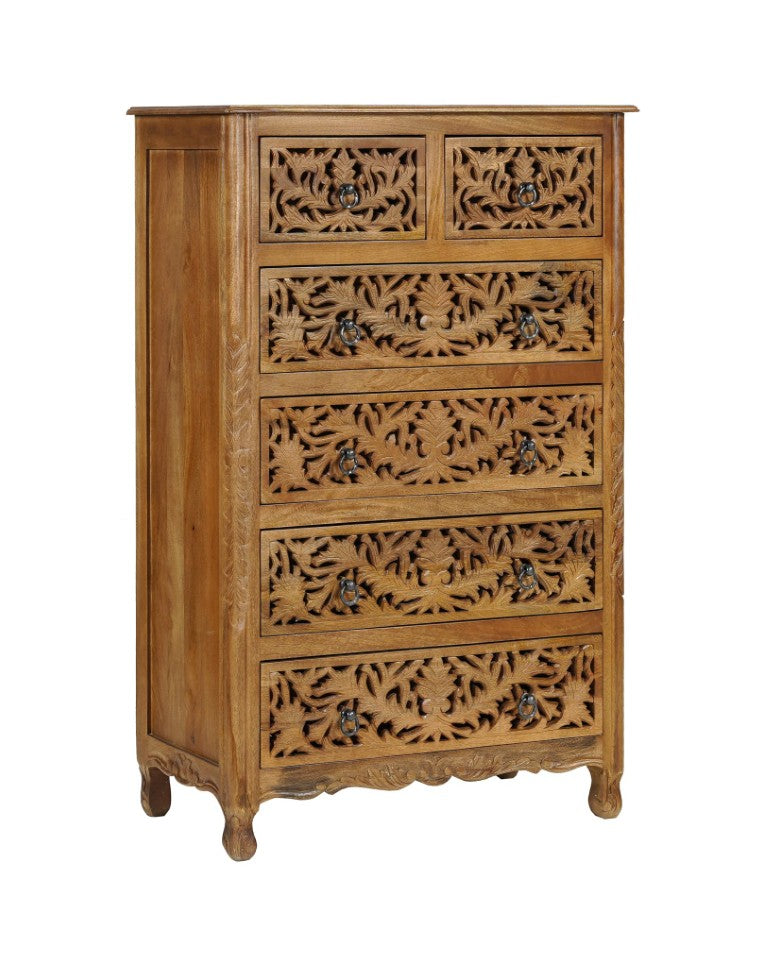 HomeRoots 35 Inch Solid Wood Six Drawer Dresser with Carved Floral Detail for Bedroom Storage 720638