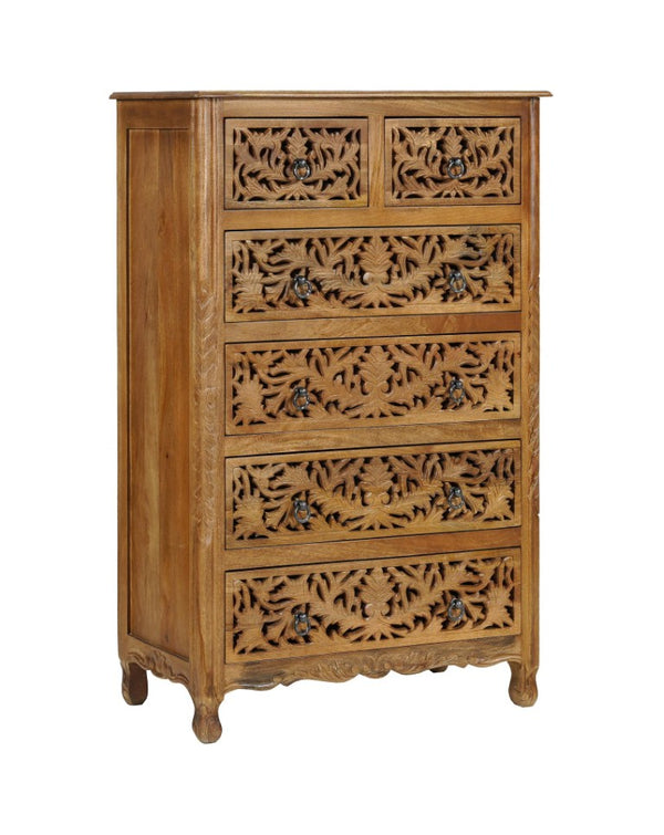 35 Inch Solid Wood Six Drawer Dresser with Carved Floral Detail for Bedroom Storage
