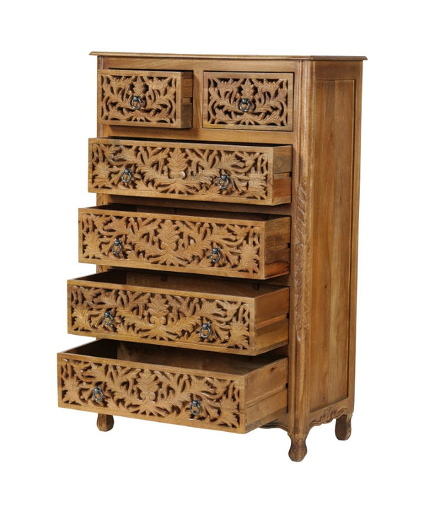 35 Inch Solid Wood Six Drawer Dresser with Carved Floral Detail for Bedroom Storage