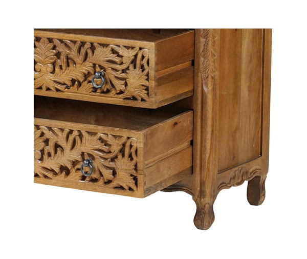 35 Inch Solid Wood Six Drawer Dresser with Carved Floral Detail for Bedroom Storage