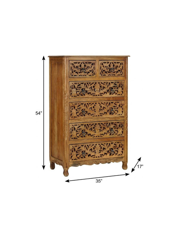 35 Inch Solid Wood Six Drawer Dresser with Carved Floral Detail for Bedroom Storage