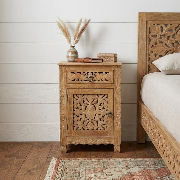 30 Inch Solid Wood Carved Floral Nightstand with Rustic Distressed Natural Finish