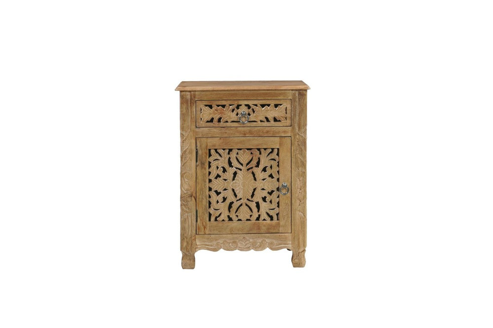 HomeRoots 30 Inch Solid Wood Carved Floral Nightstand with Rustic Distressed Natural Finish 720641