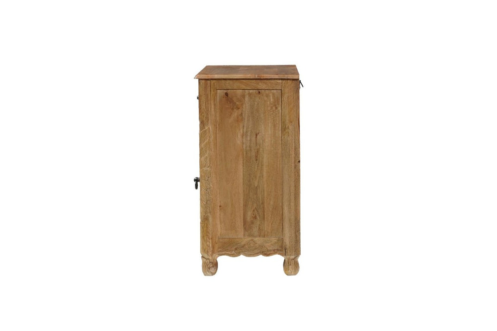 HomeRoots 30 Inch Solid Wood Carved Floral Nightstand with Rustic Distressed Natural Finish 720641