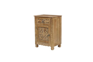 30 Inch Solid Wood Carved Floral Nightstand with Rustic Distressed Natural Finish