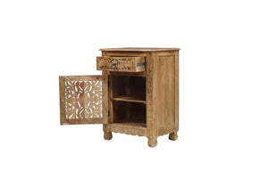 30 Inch Solid Wood Carved Floral Nightstand with Rustic Distressed Natural Finish