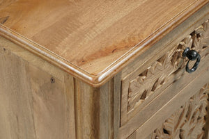 30 Inch Solid Wood Carved Floral Nightstand with Rustic Distressed Natural Finish