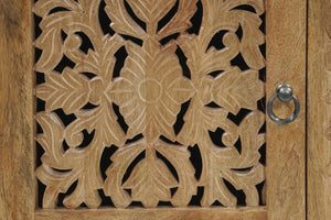 30 Inch Solid Wood Carved Floral Nightstand with Rustic Distressed Natural Finish