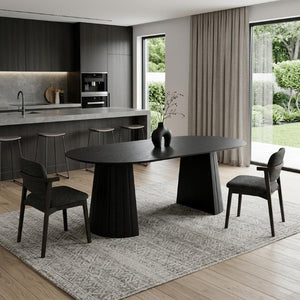 79 Inch Black Wood Oval Dining Table with Dual Pedestal Base for Elegant Gatherings