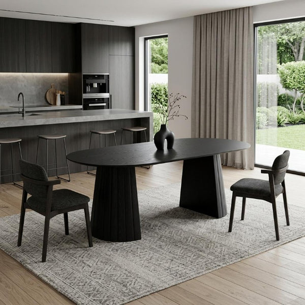 79 Inch Black Wood Oval Dining Table with Dual Pedestal Base for Elegant Gatherings