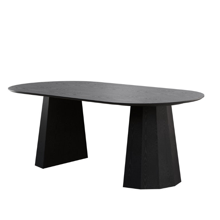 HomeRoots 79 Inch Oval Black Wood Dining Table with Elegant Double Pedestal Base Seats Eight 720663