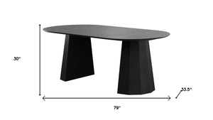 79 Inch Oval Black Wood Dining Table with Elegant Double Pedestal Base Seats Eight