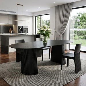 79 Inch Oval Black Wood Dining Table with Double Pedestal Base Seats Eight