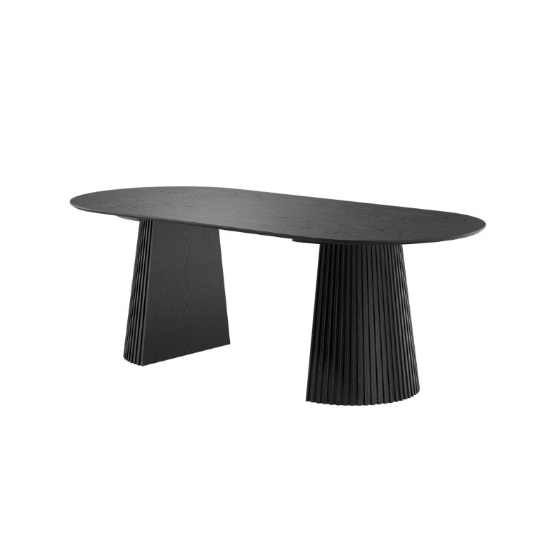 HomeRoots 79 Inch Oval Black Wood Dining Table with Double Pedestal Base Seats Eight 720664
