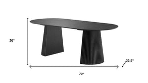 79 Inch Oval Black Wood Dining Table with Double Pedestal Base Seats Eight