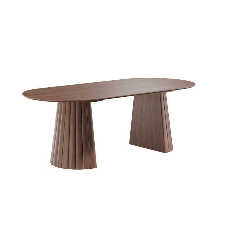 HomeRoots 79 Inch Walnut Oval Dining Table with Double Pedestal Base for Elegant Gatherings 720665