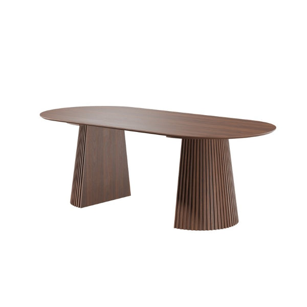 HomeRoots 79 Inch Oval Walnut Dining Table with Double Pedestal Base for Elegant Gatherings 720668