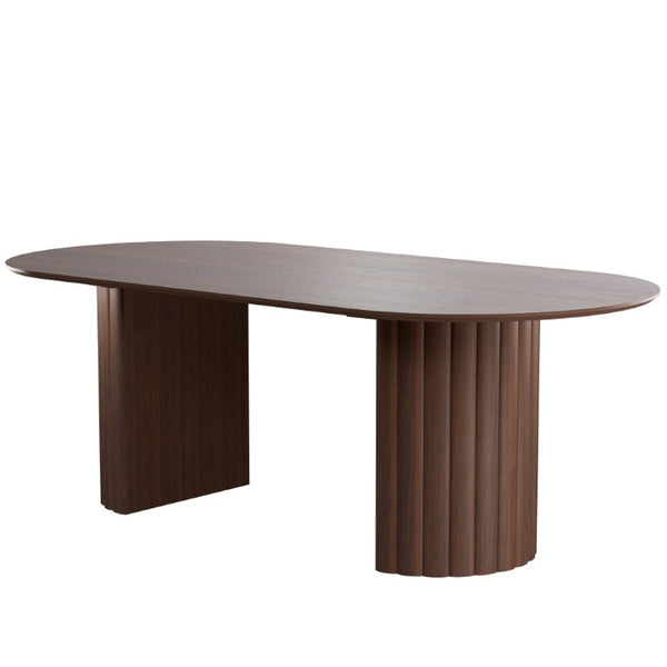 HomeRoots 86 Inch Oval Walnut Dining Table with Double Pedestal Base for Elegant Gatherings 720673
