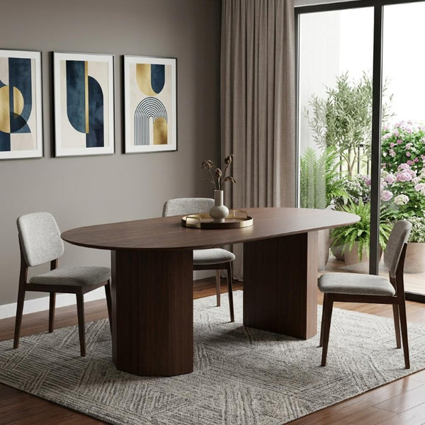 86 Inch Oval Walnut Dining Table with Elegant Double Pedestal Base Seats Eight