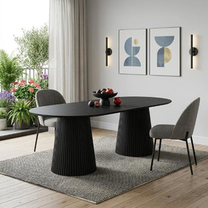 86 Inch Black Wood Oval Dining Table with Elegant Double Pedestal Base Seats Eight