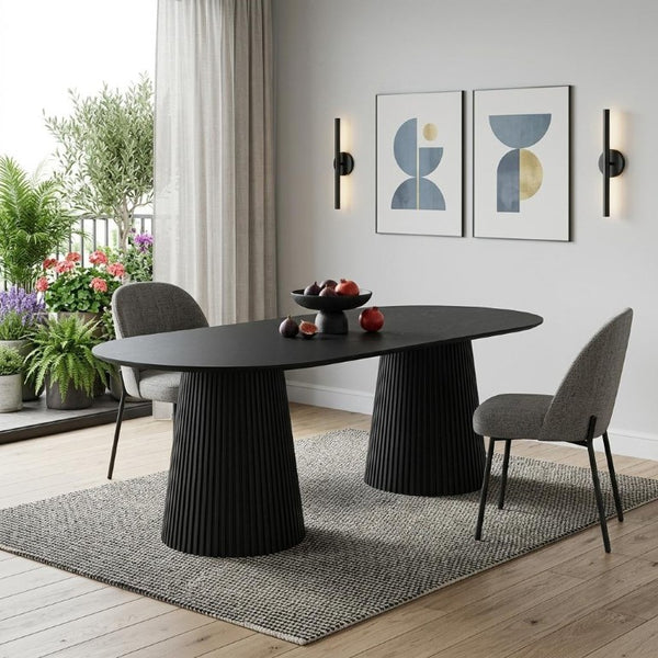 86 Inch Black Wood Oval Dining Table with Elegant Double Pedestal Base Seats Eight