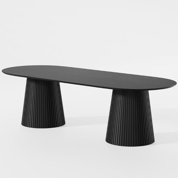 HomeRoots 86 Inch Black Wood Oval Dining Table with Elegant Double Pedestal Base Seats Eight 720676