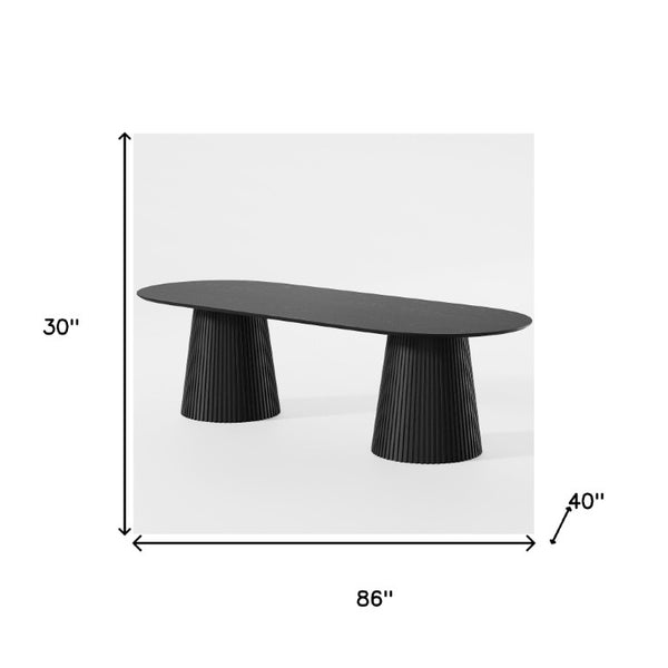 86 Inch Black Wood Oval Dining Table with Elegant Double Pedestal Base Seats Eight
