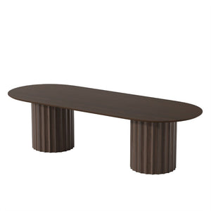 86 Inch Oval Walnut Dining Table with Dual Pedestal Base Seats Eight Elegantly