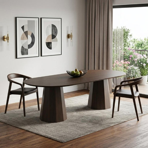 86 Inch Oval Walnut Dining Table with Double Pedestal Base for Large Gatherings