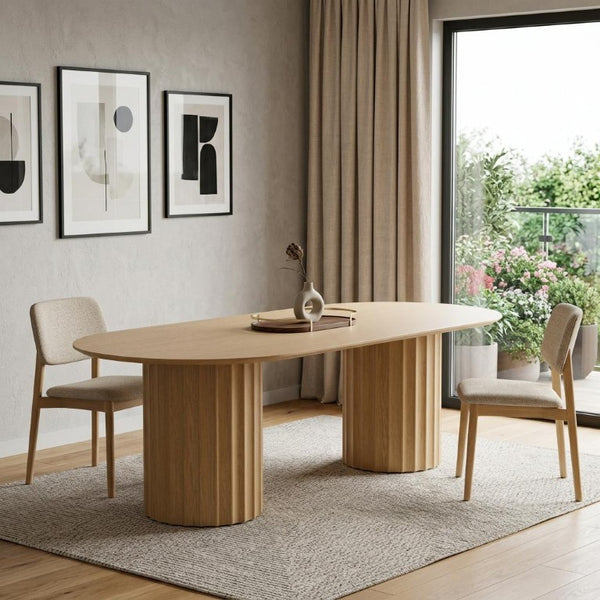 86 Inch Oval Solid Wood Dining Table with Dual Pedestal Base Seats up to Eight