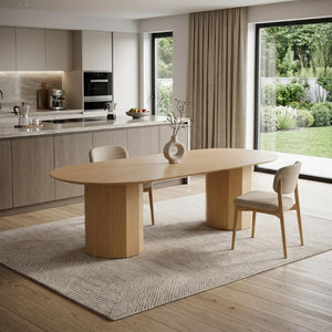 86 Inch Oval Natural Wood Double Pedestal Dining Table for Large Gatherings