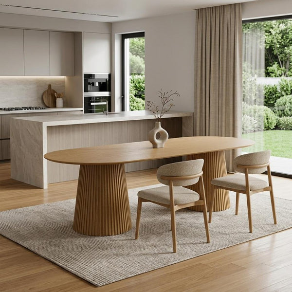 86 Inch Natural Wood Oval Dining Table with Elegant Double Pedestal Base Seats Eight