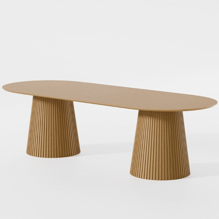 HomeRoots 86 Inch Natural Wood Oval Dining Table with Elegant Double Pedestal Base Seats Eight 720684