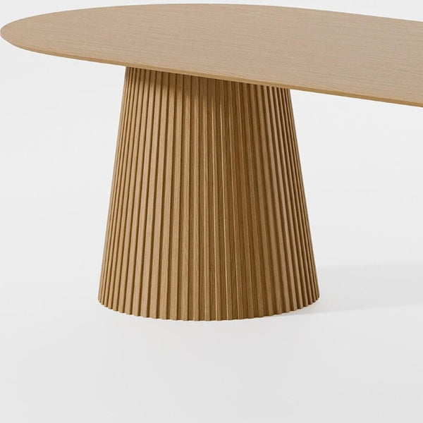 86 Inch Natural Wood Oval Dining Table with Elegant Double Pedestal Base Seats Eight