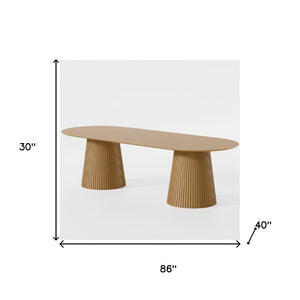 86 Inch Natural Wood Oval Dining Table with Elegant Double Pedestal Base Seats Eight