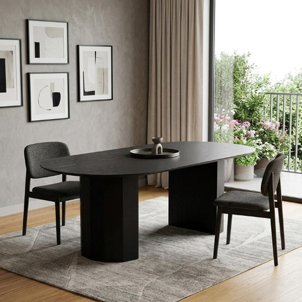 86 Inch Oval Black Wood Dining Table with Dual Pedestal Base Seats Eight