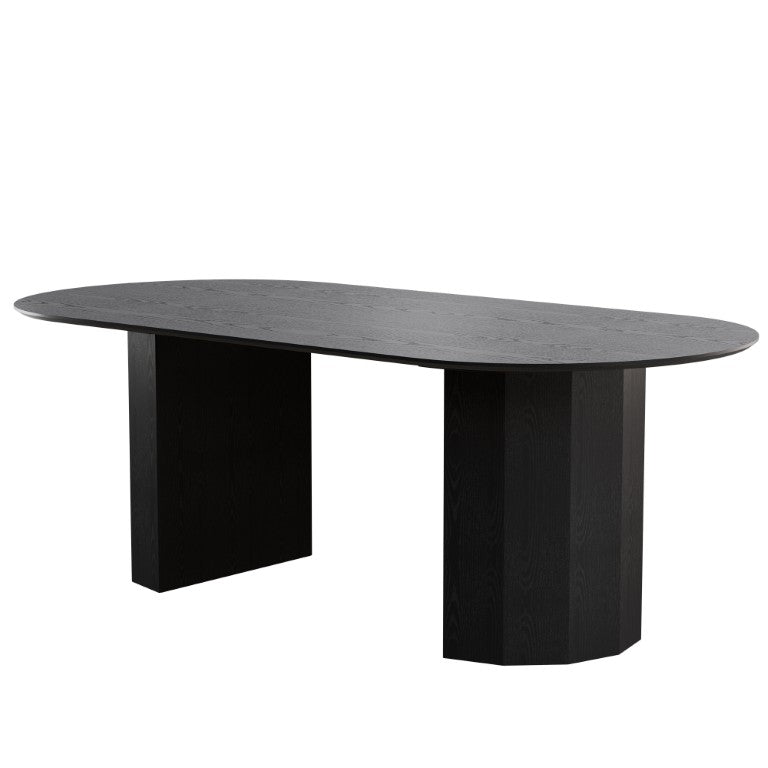 HomeRoots 86 Inch Oval Black Wood Dining Table with Dual Pedestal Base Seats Eight 720693