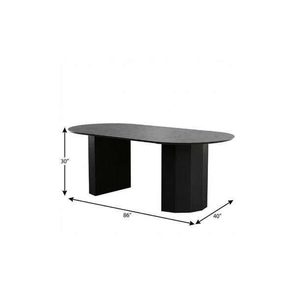 86 Inch Oval Black Wood Dining Table with Dual Pedestal Base Seats Eight