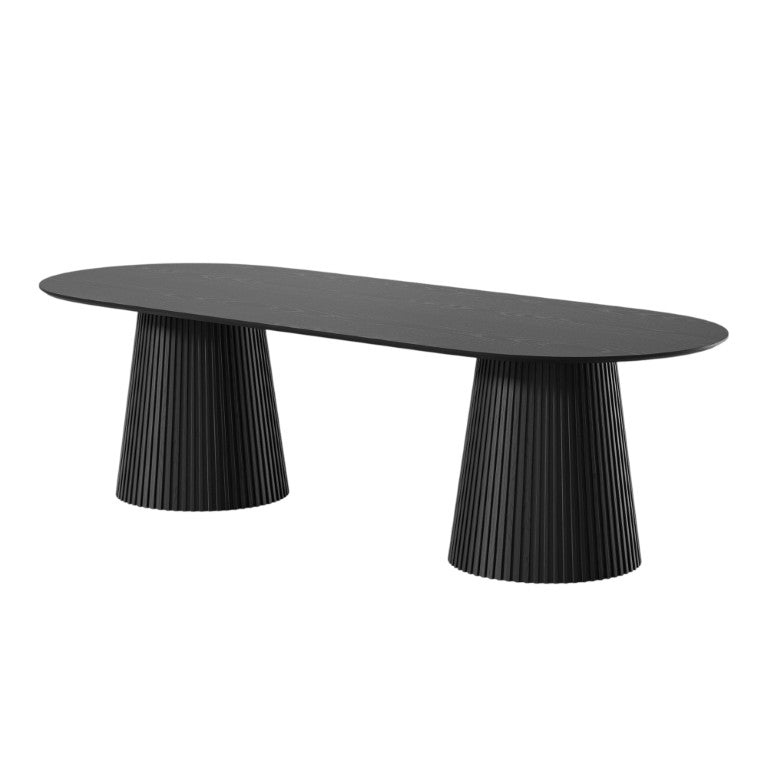 HomeRoots 86 Inch Oval Wood Dining Table with Double Pedestal Base for Formal Gatherings 720694