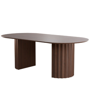 HomeRoots 86 Inch Oval Walnut Dining Table with Dual Pedestal Base for Elegant Gatherings 720696
