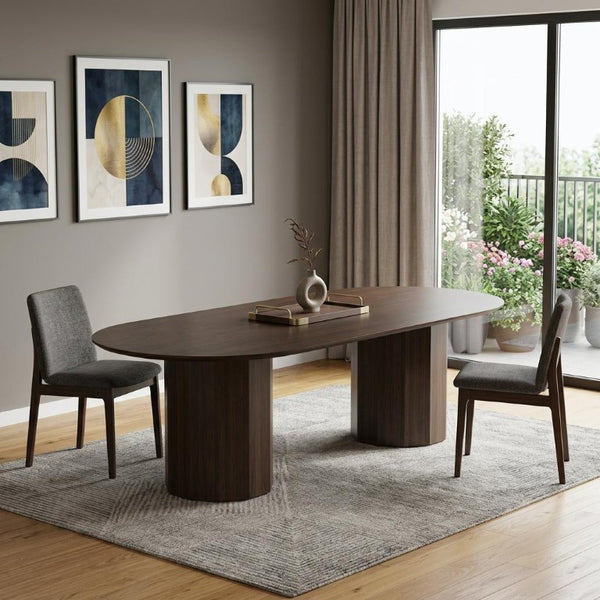 86 Inch Solid Walnut Oval Dining Table with Elegant Dual Pedestal Base Seats Eight