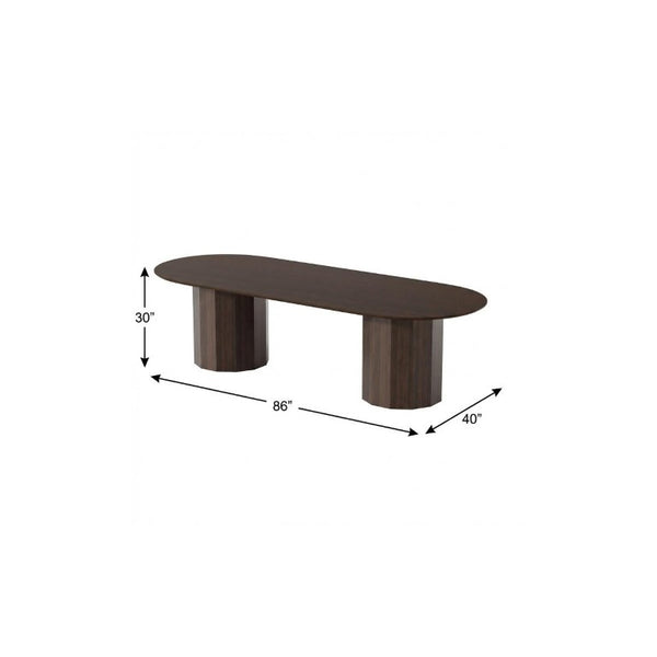 86 Inch Solid Walnut Oval Dining Table with Elegant Dual Pedestal Base Seats Eight